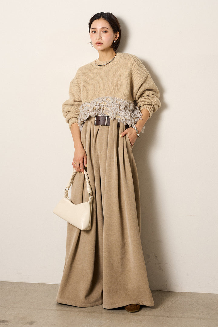 [SET]ループ編み切り替えニットプルオーバー+ベルトループコーデュロイワイドパンツ(2set)