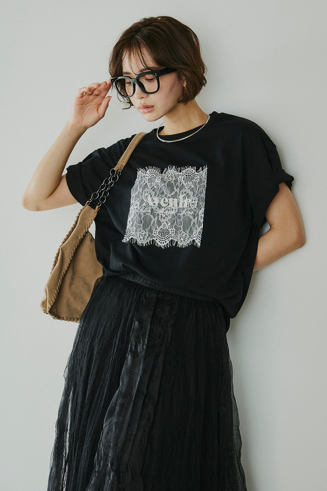 [SET]レースロゴ刺繍Tシャツ+レースコンビワッシャーギャザースカート(2set)