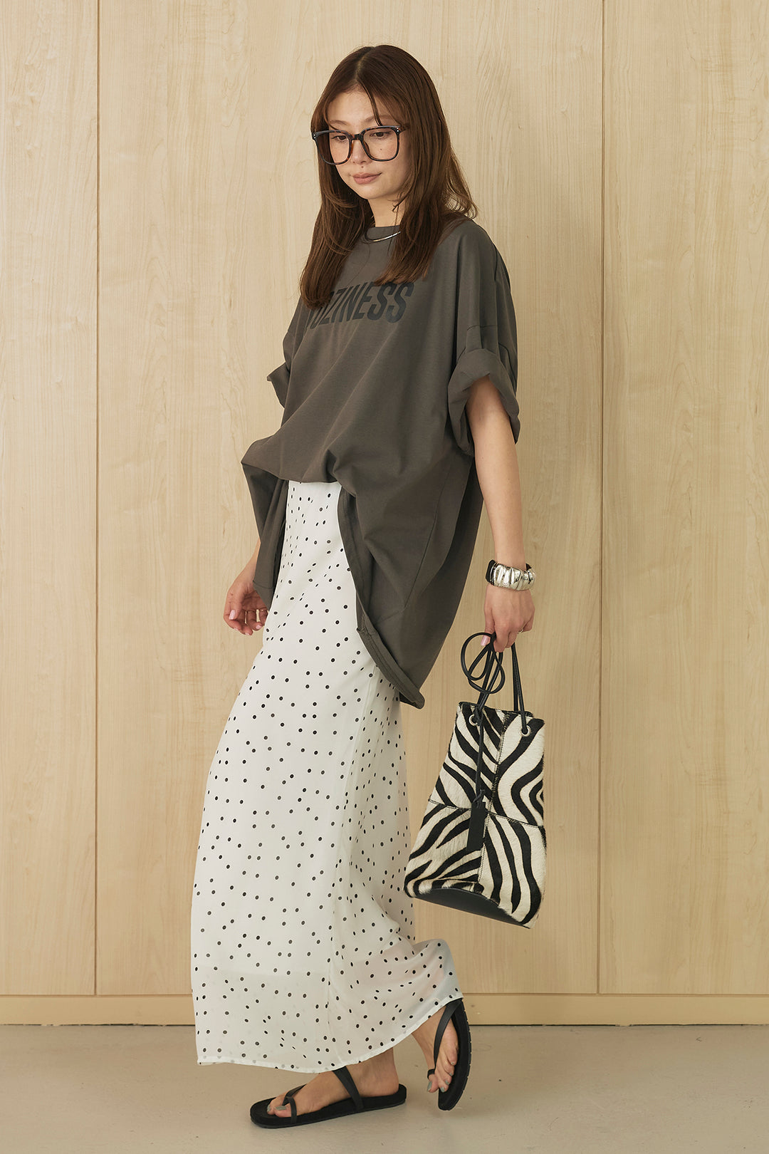 [SET]プリントロゴチュニックTシャツ+ドットサテンナロースカート(2set)