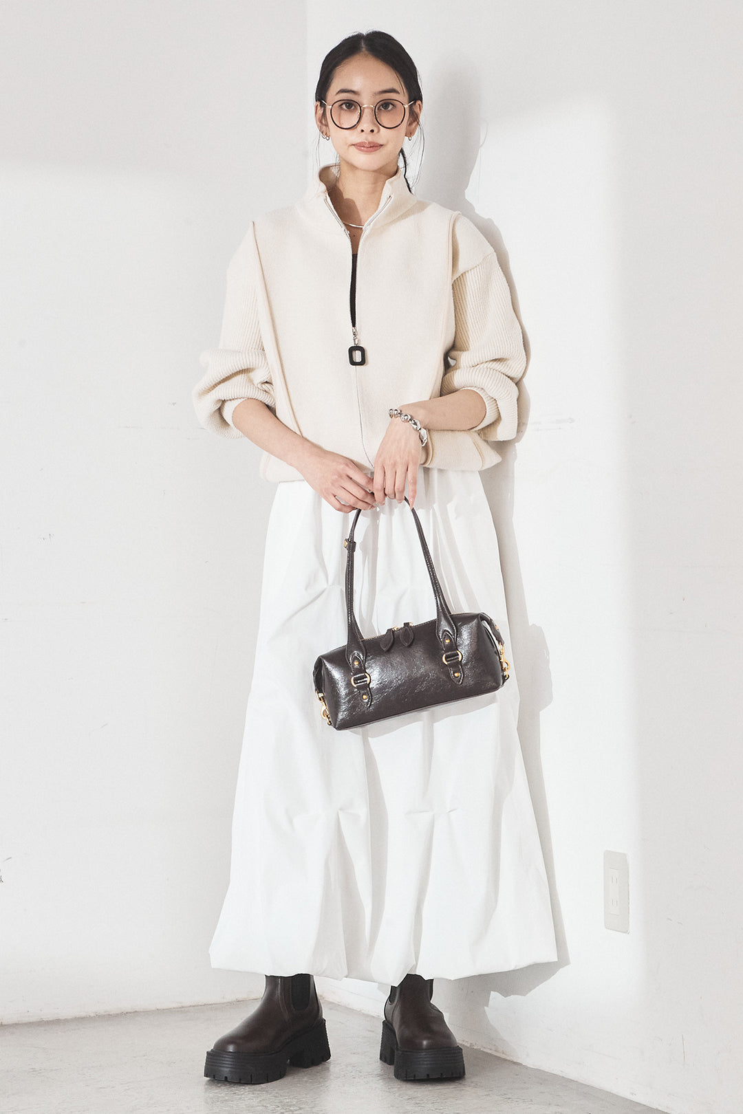 [SET]ハイネックパイピングデザインブルゾン+ランダムタックバルーンスカート(2set)