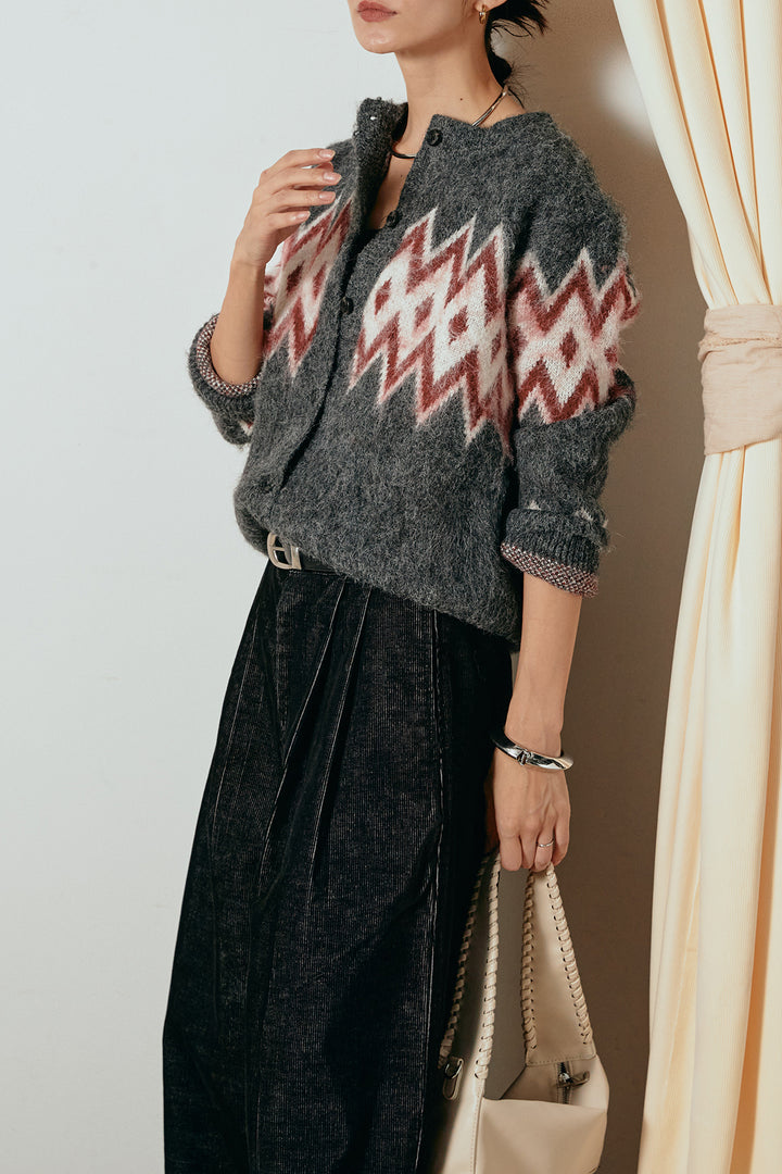 [SET]起毛ノルディック柄ニットカーディガン+フロントタック入りコーデュロイパンツ(2set)