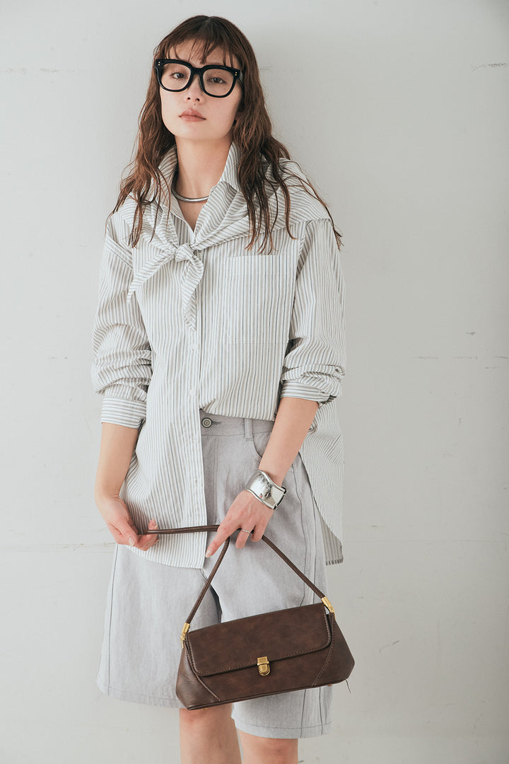 [SET]ランダムストライプスカーフ付きシャツ+デニムハーフパンツ(2set)