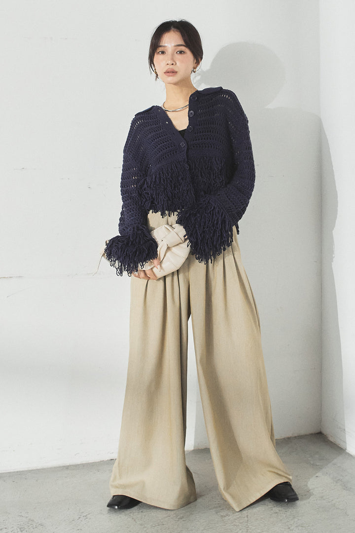 [SET]メッシュフリンジカーディガン+編みベルト付きウエストタックワイドパンツ(2set)