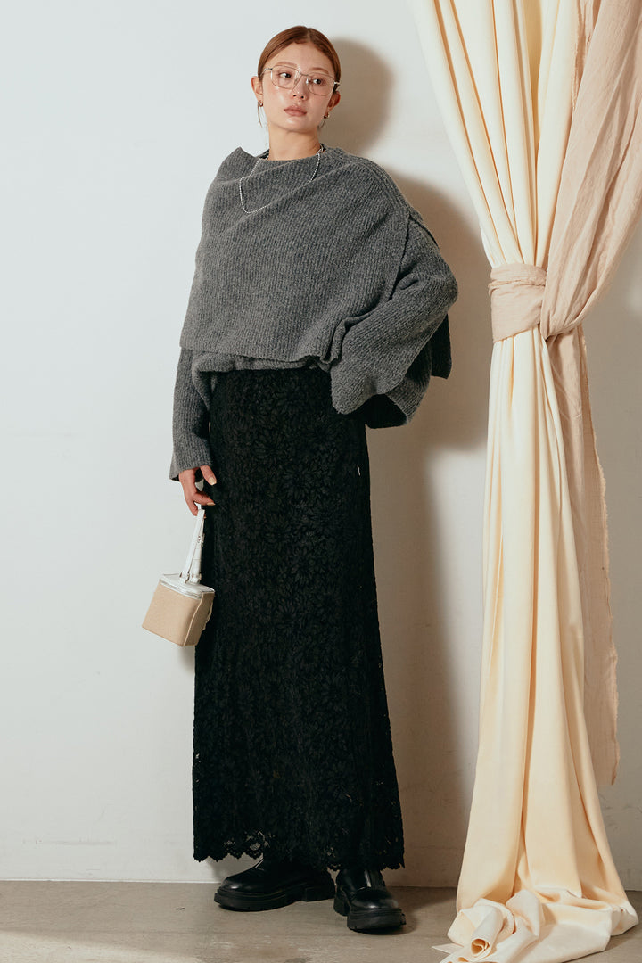 [SET]ケープデザインリブニットトップス+花柄刺繍ベロアフレアスカート(2set)