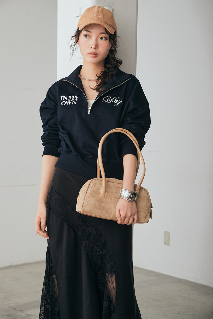 [SET]裏毛ロゴ刺繍ハーフZIPスウェット+刺繍レースデザインサテンスカート(2set)