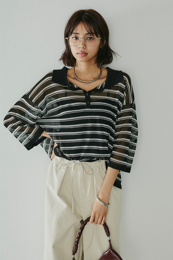 [SET]ボーダーニットポロシャツ+ニーサイドタックウエストドロスパンツ(2set)