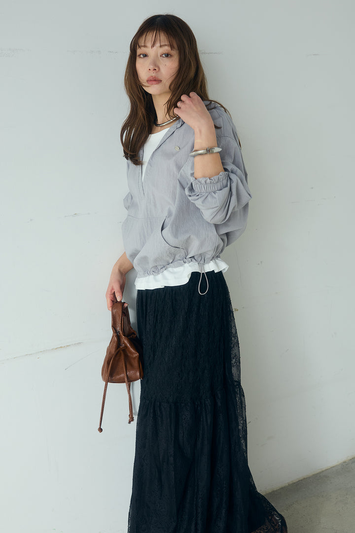 [SET]レイヤードデザインフーディートップス+ひげレース切替ロング丈スカート(2set)