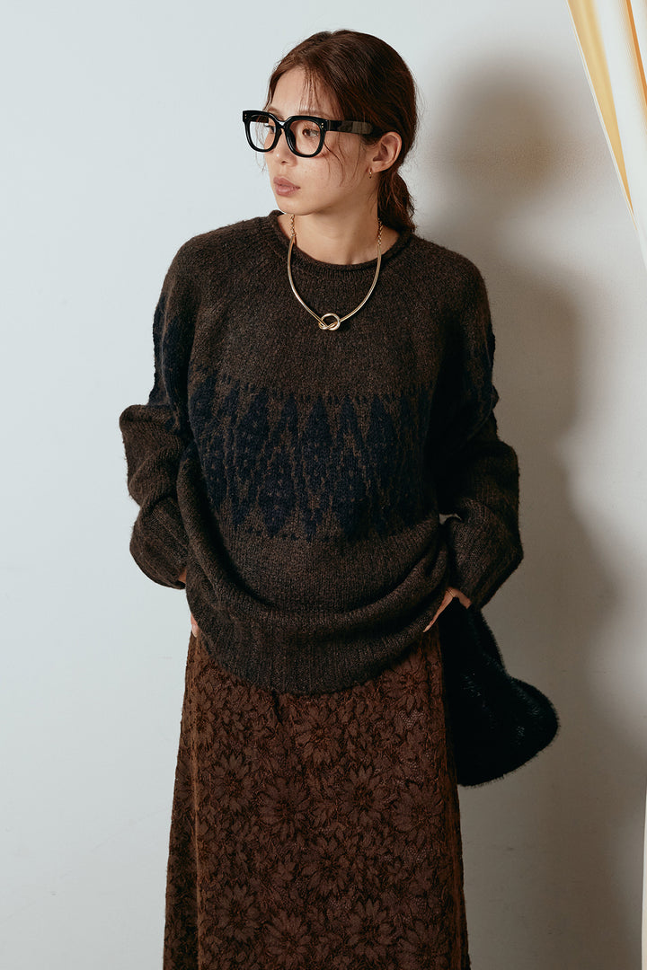 [SET]モノトーン柄ニットトップス+花柄刺繍ベロアフレアスカート(2set)