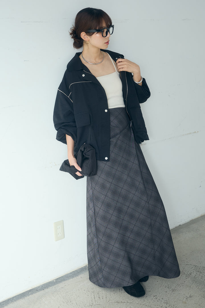 [SET]合繊ツイルバルーンジャケット+タータンチェック柄フロントデザインスカート(2set)