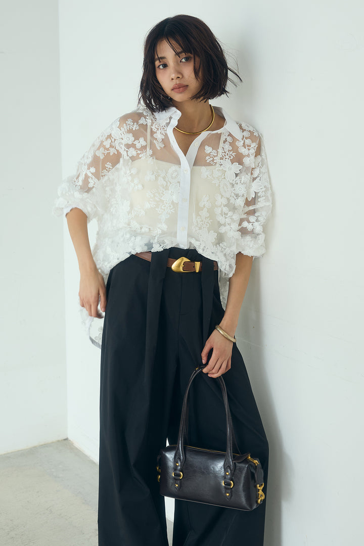 [SET]立体フラワー刺繍レースシャツ+ベルトループデザインハイウエストタックパンツ(2set)