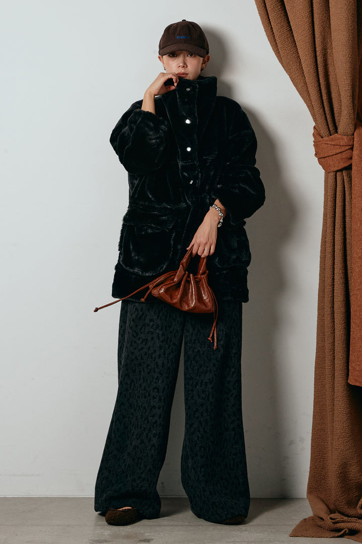 [SET]スタンドネックファーコート+レオパードジャガードニットパンツ(2set)