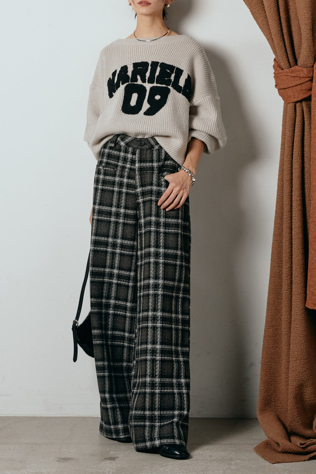 [SET]ロゴジャガードニットトップス+ルーズタータンチェックワイドパンツ(2set)