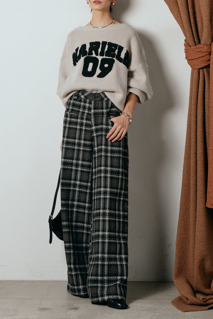 [SET]ロゴジャガードニットトップス+ルーズタータンチェックワイドパンツ(2set)