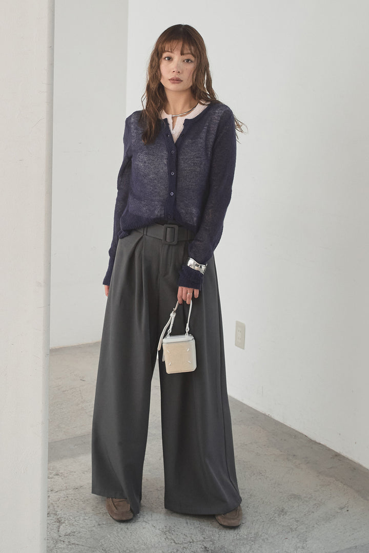 [SET]モヘア透かし編みレイヤードアンサンブルセット+ベルト付きツータックワイドパンツ(2set)