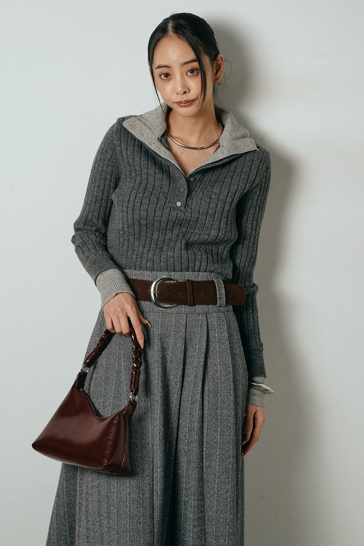 [SET]レイヤード風リブニットトップス+太ベルト付きヘリンボーンプリーツスカート(2set)