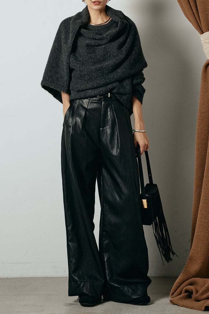 [SET]ネック巻きデザインニットトップス+ベルト付きレザーライクタックパンツ(2set)