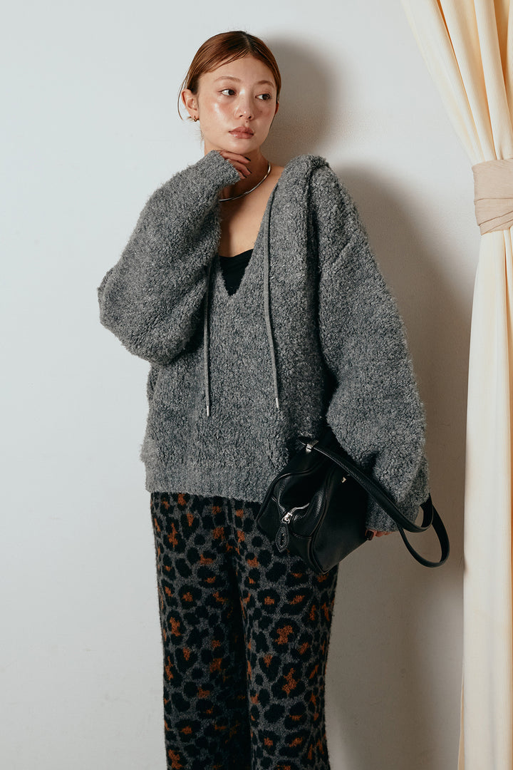 [SET]ブークレキーネックプルオーバー+リラックスレオパード柄ニットパンツ(2set)