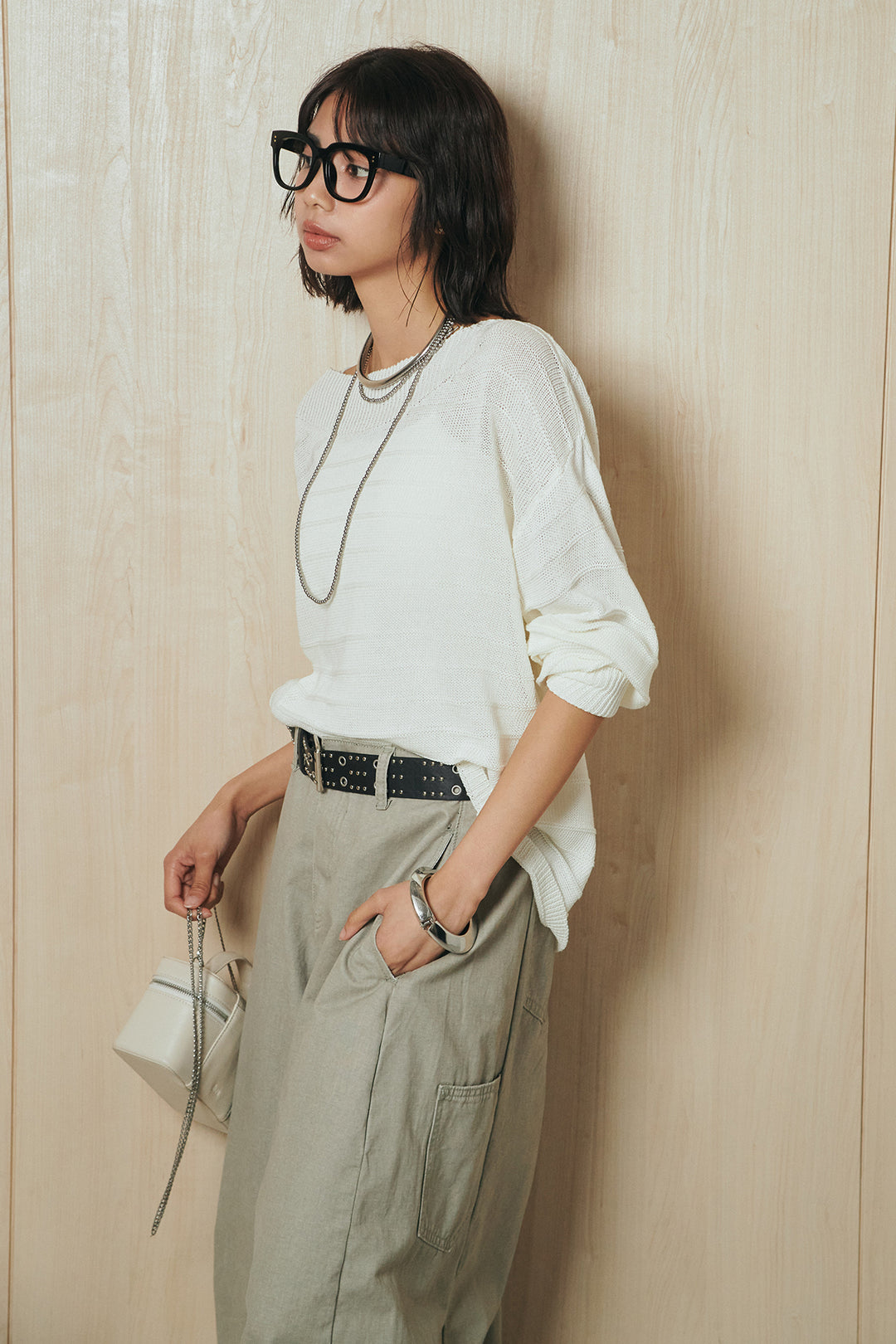 [SET]麻混リラックスニットトップス+ベルト付きカラーデニムパンツ(2set)