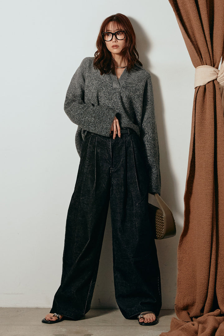 [SET]グラデーションラメニットキーネックプルオーバー+フロントタック入りコーデュロイパンツ(2set)