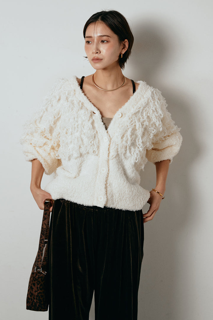 [SET]ループ編みVネックニットカーディガン+ベロアサスペンダー付きパンツ(2set)