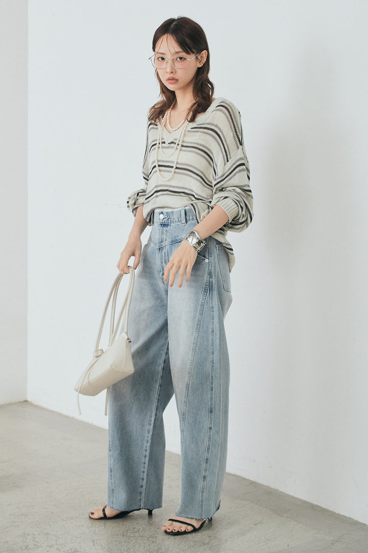 [SET]綿タッチVネックボーダートップス+デニムヨークパンツ(2set)