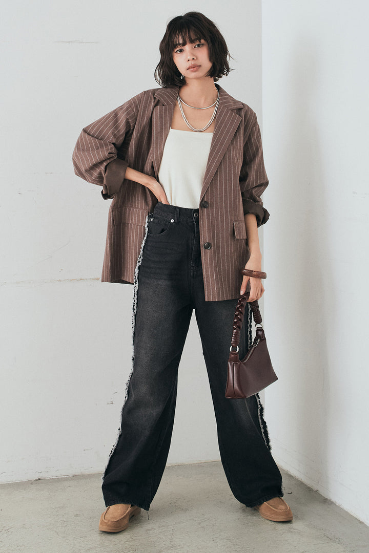 [SET]リネンライクストライプテーラードジャケット+デニムサイドフリルパンツ(2set)