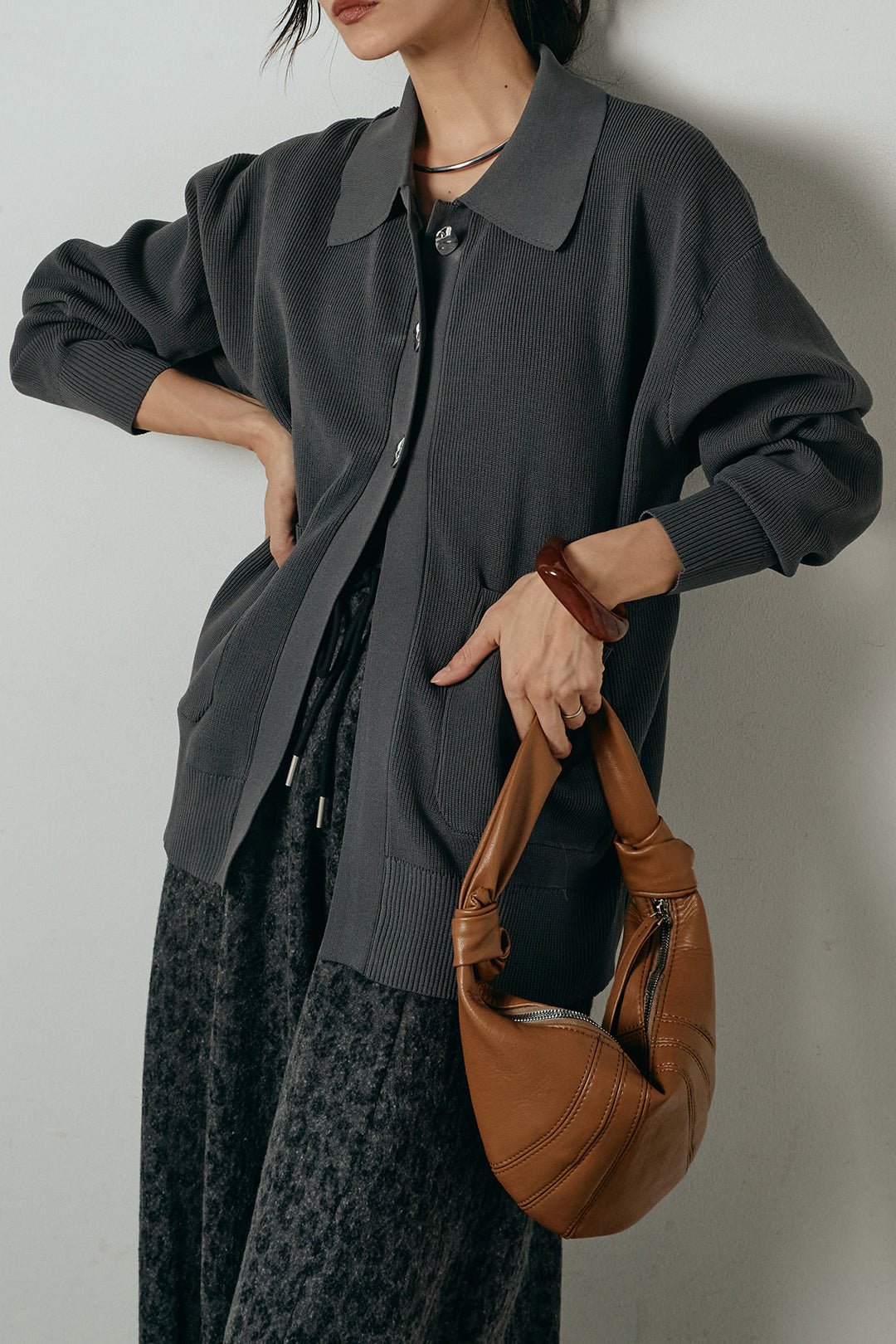 [SET]メタル釦衿付きニットカーディガン+リラックスレオパード柄ワイドパンツ(2set)