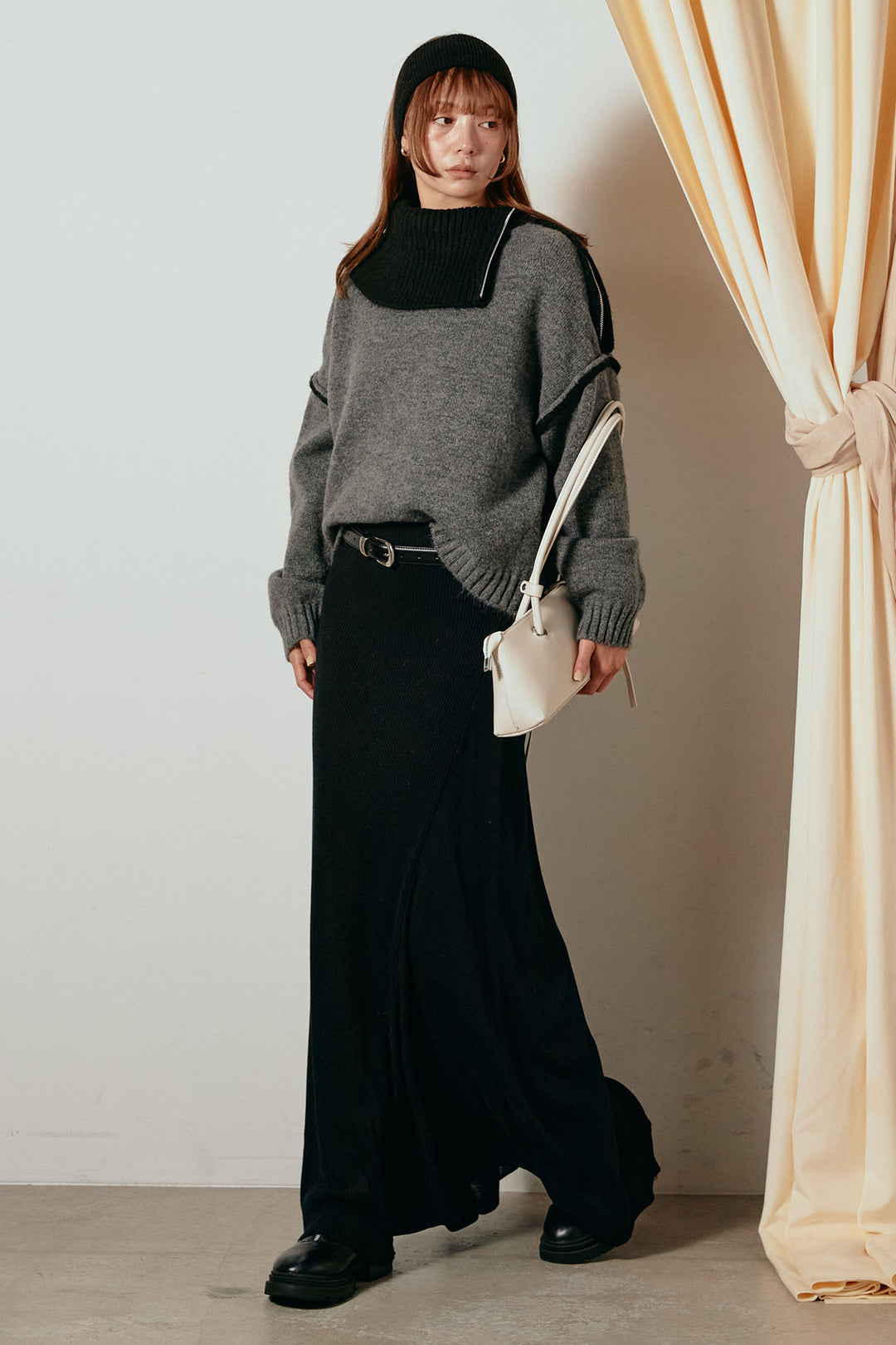 [SET]ハイネックジップデザインニットトップス+サイド切り替えリブニットロングスカート(2set)