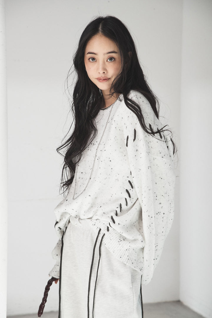 [SET]ネップ編み上げニットトップス+裏起毛スウェットワイドパンツ(2set)