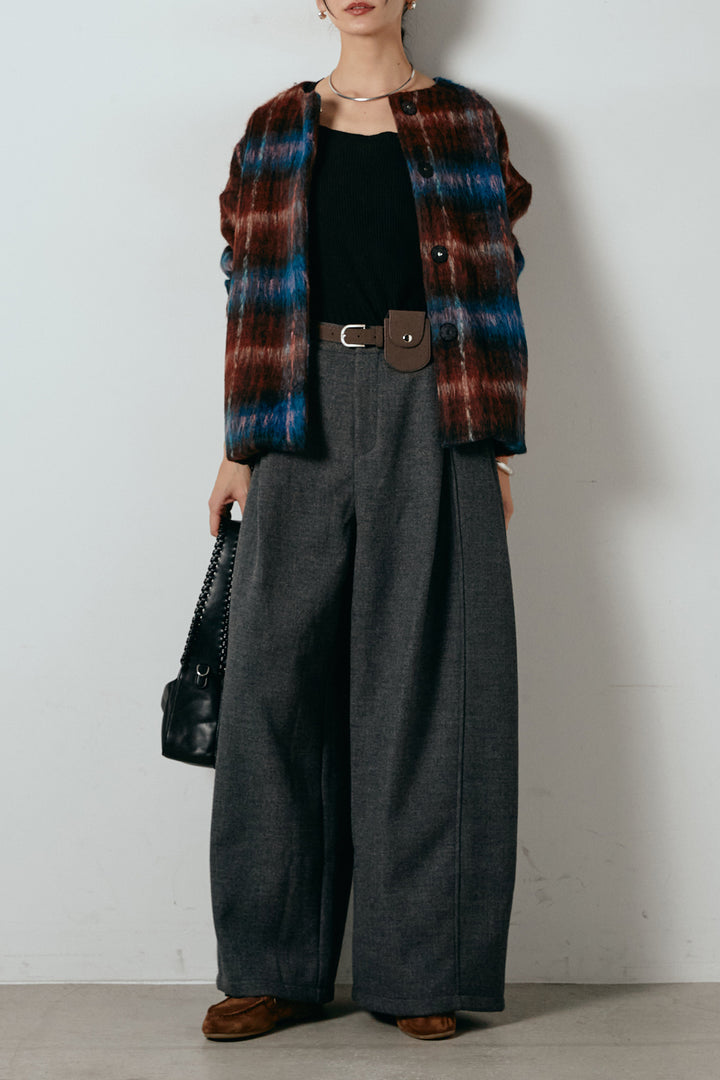 [SET]ノーカラーシャギーチェックアウター+ポーチベルト付きカーブパンツ(2set)