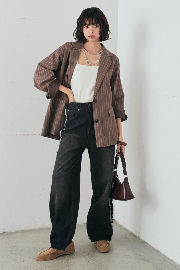 [SET]リネンライクストライプテーラードジャケット+デニムサイドフリルパンツ(2set)
