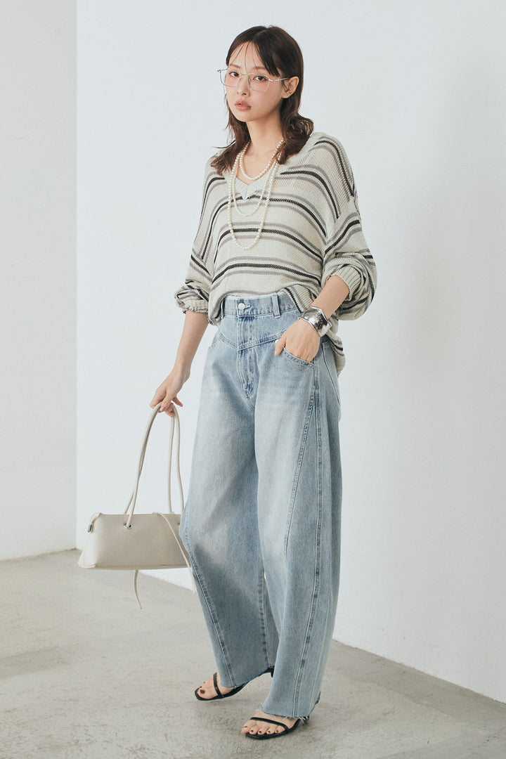 [SET]綿タッチVネックボーダートップス+デニムヨークパンツ(2set)