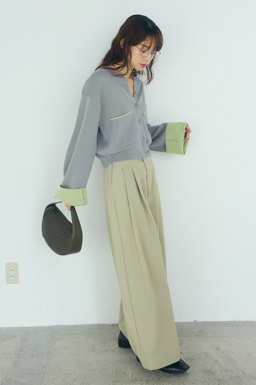 [SET]レーヨンポリダブルフェイスカーディガン+サイドベルトタック入りスラックス(2set)