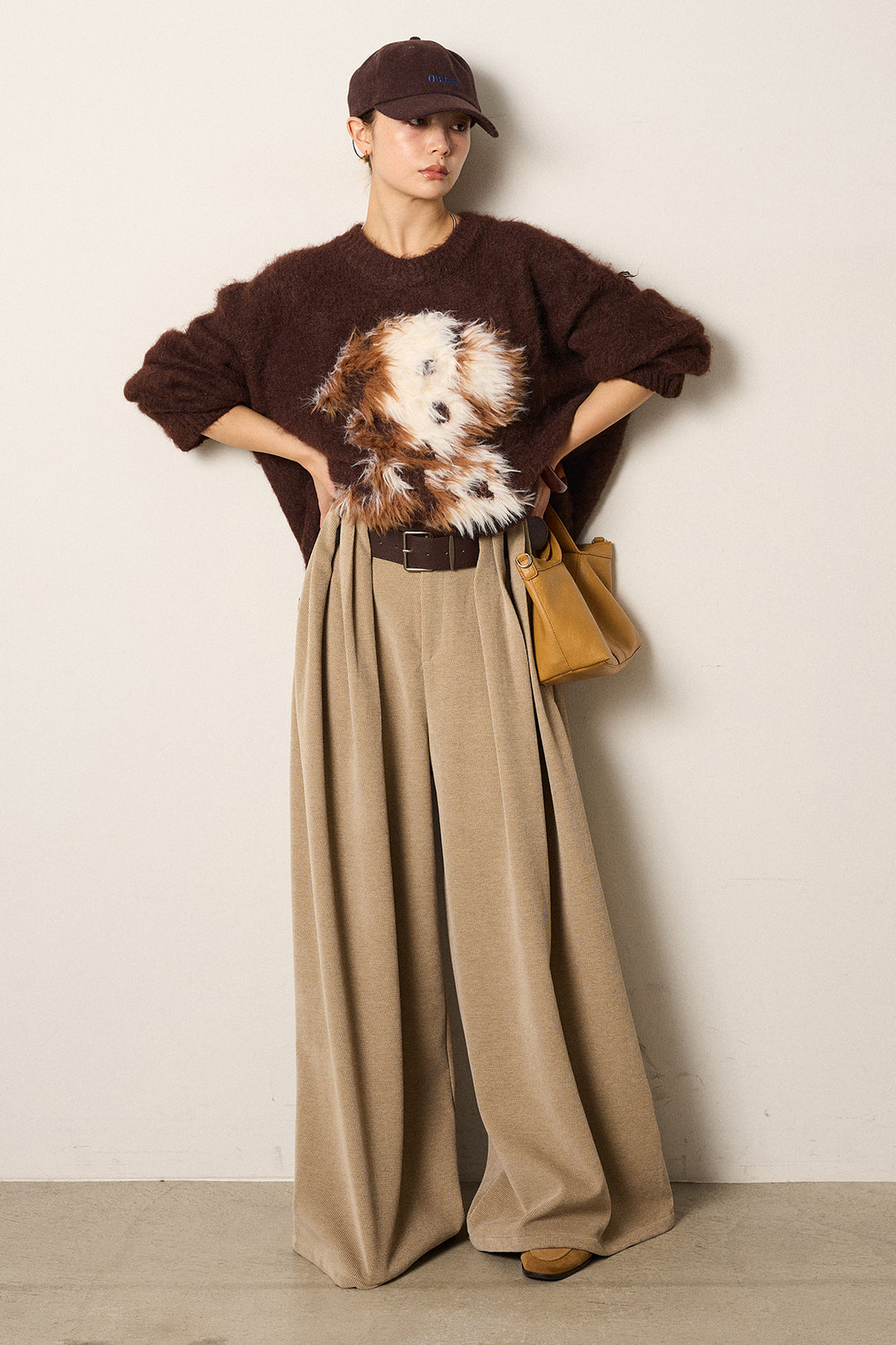 [SET]シャギーニュアンスアニマルニット+ベルトループコーデュロイワイドパンツ(2set)