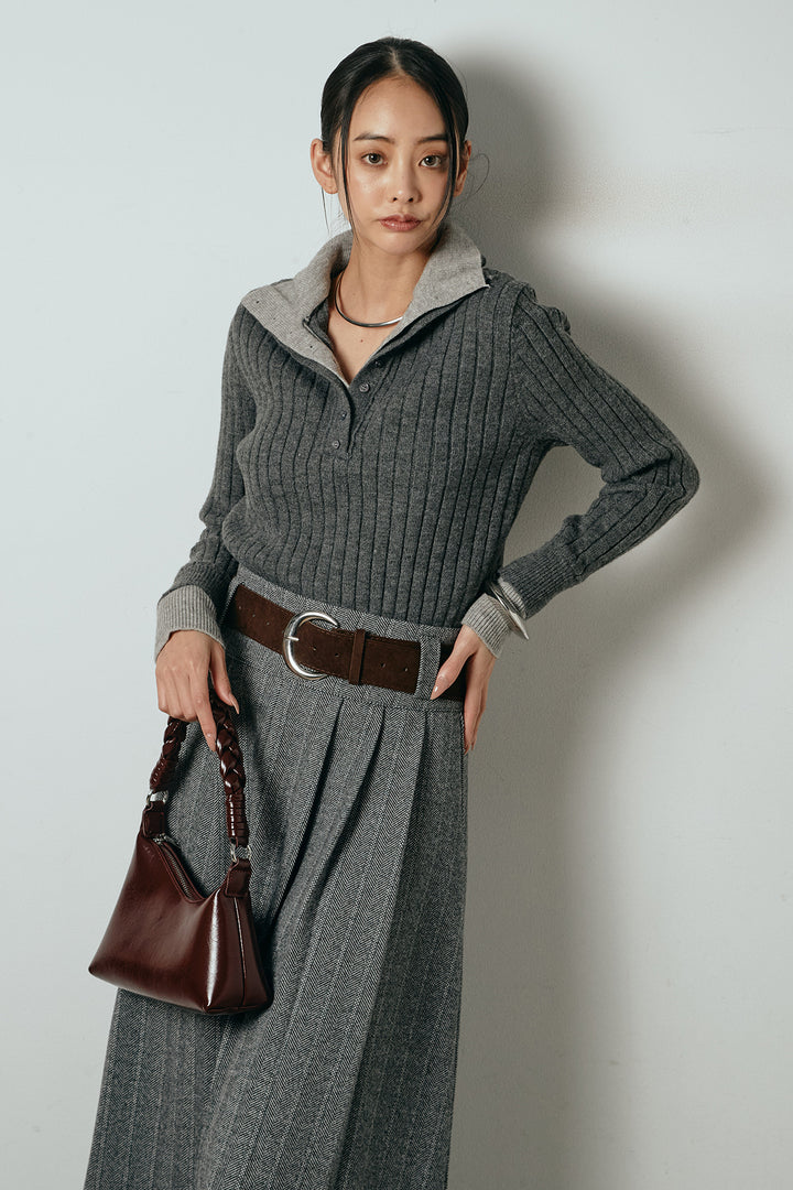 [SET]レイヤード風リブニットトップス+太ベルト付きヘリンボーンプリーツスカート(2set)