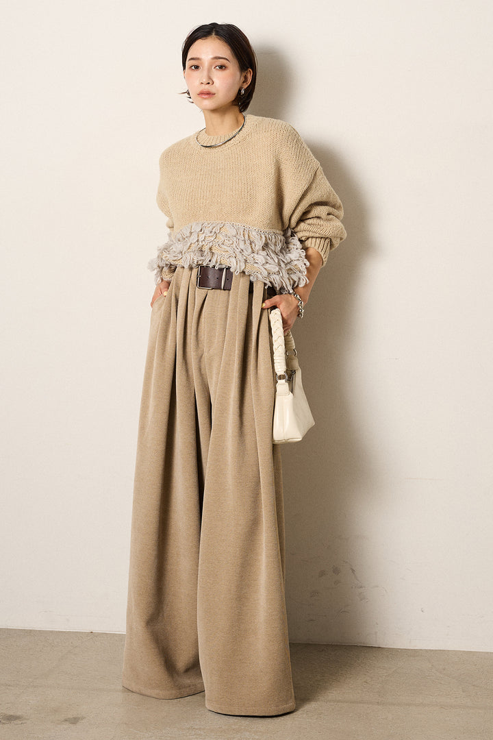 [SET]ループ編み切り替えニットプルオーバー+ベルトループコーデュロイワイドパンツ(2set)