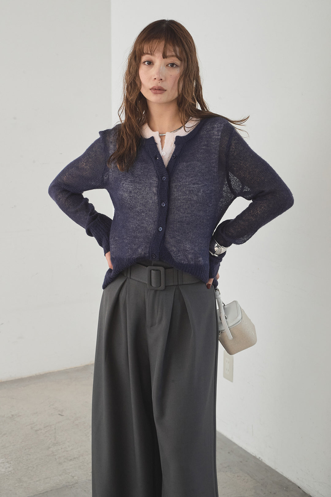 [SET]モヘア透かし編みレイヤードアンサンブルセット+ベルト付きツータックワイドパンツ(2set)