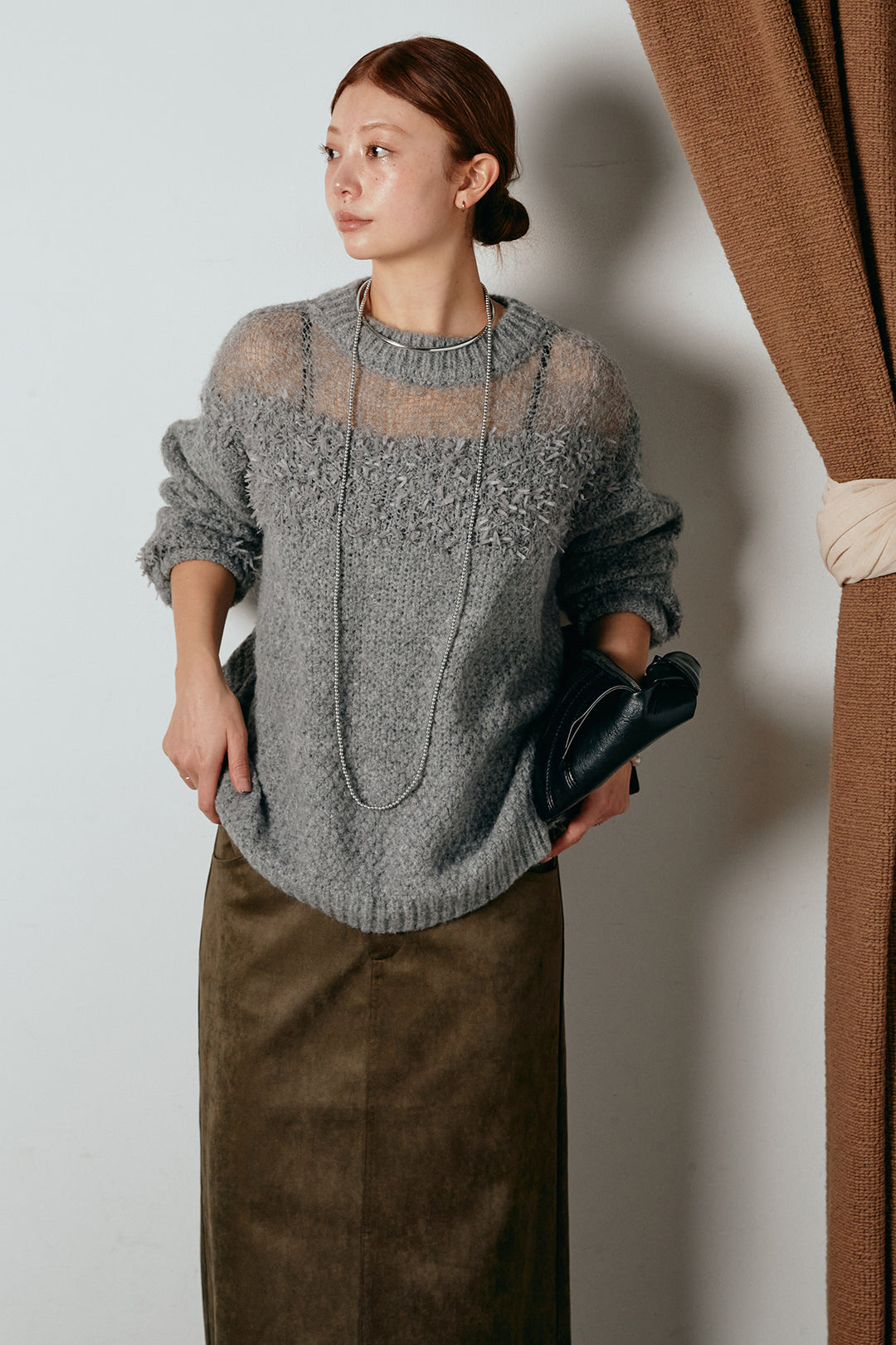 [SET]パターンランダム編みニットトップス+スウェードライク裾フリンジスカート(2set)