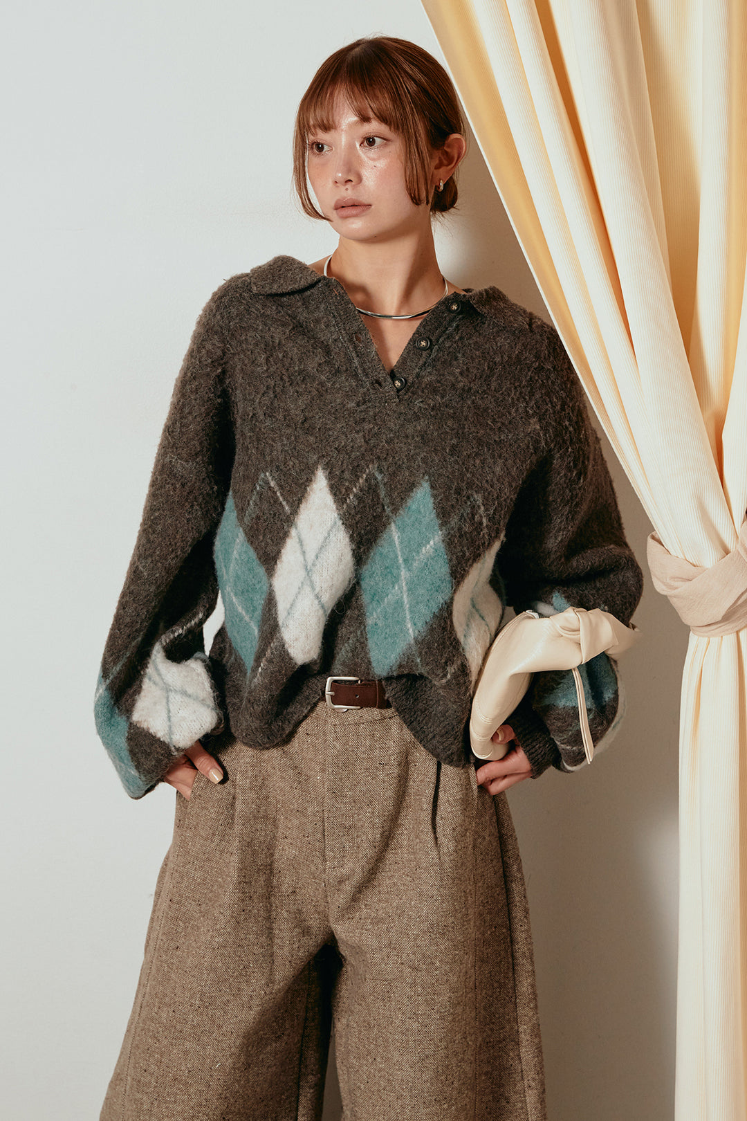 [SET]アーガイル柄ポロニットトップス+ベルト付きネップツイードカーブパンツ(2set)