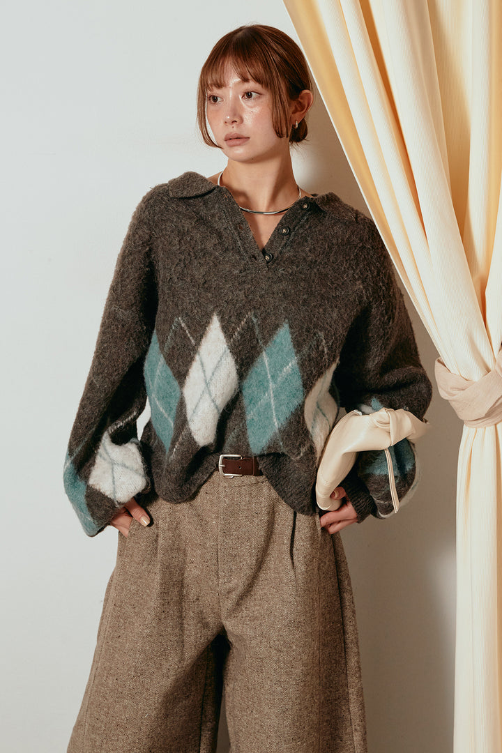 [SET]アーガイル柄ポロニットトップス+ベルト付きネップツイードカーブパンツ(2set)