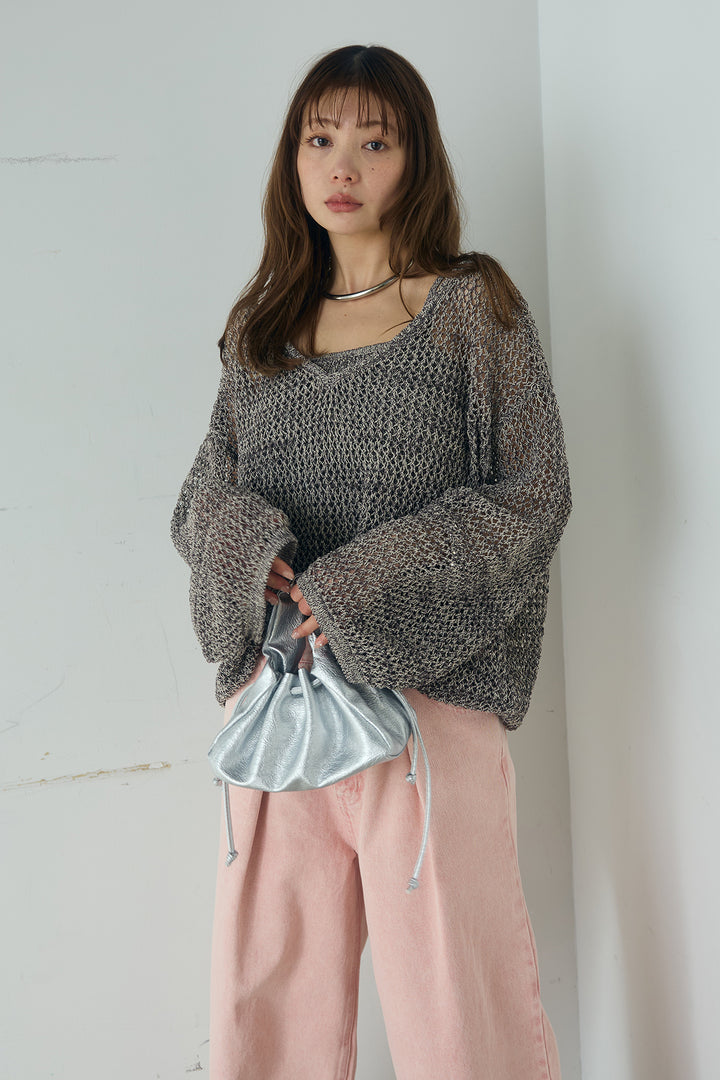 [SET]メッシュ編みビスチェセットVネックプルオーバー+カラーデニムタックカーブパンツ(2set)