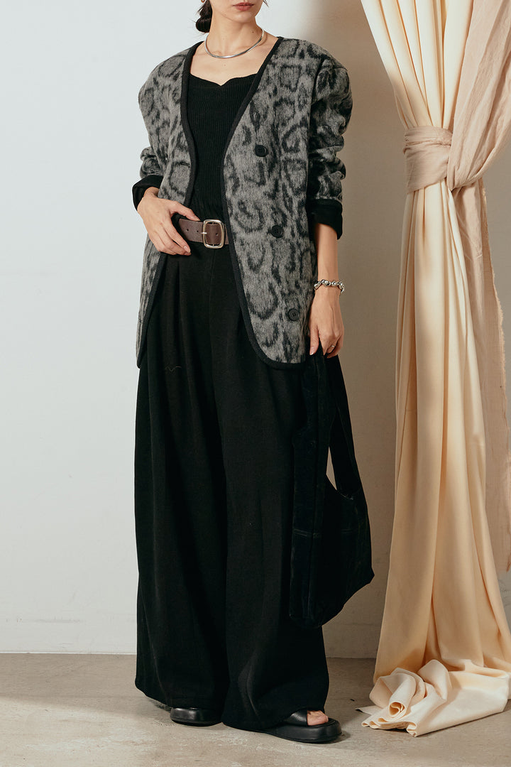 [SET]ノーカラーレオパード柄アウター+フェイクレザー太ベルト付きタックワイドパンツ(2set)