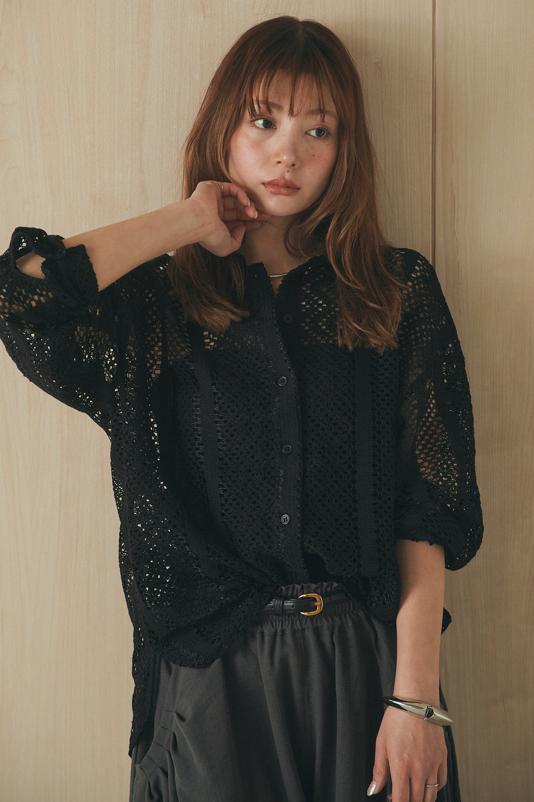 [SET]長袖襟付きレースシャツ+ポケットタックフォルムパンツ(2set)