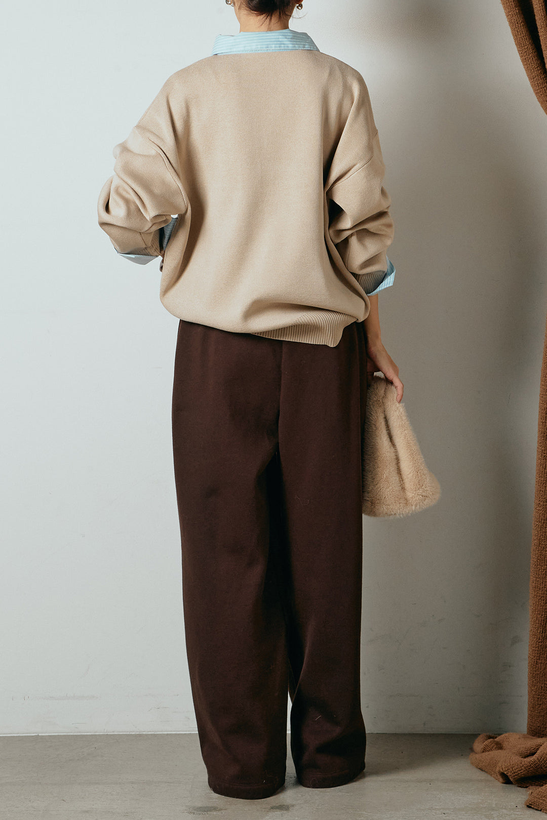 [SET]ストライプシャツドッキングポロトップス+裏起毛スウェットワイドパンツ(2set)