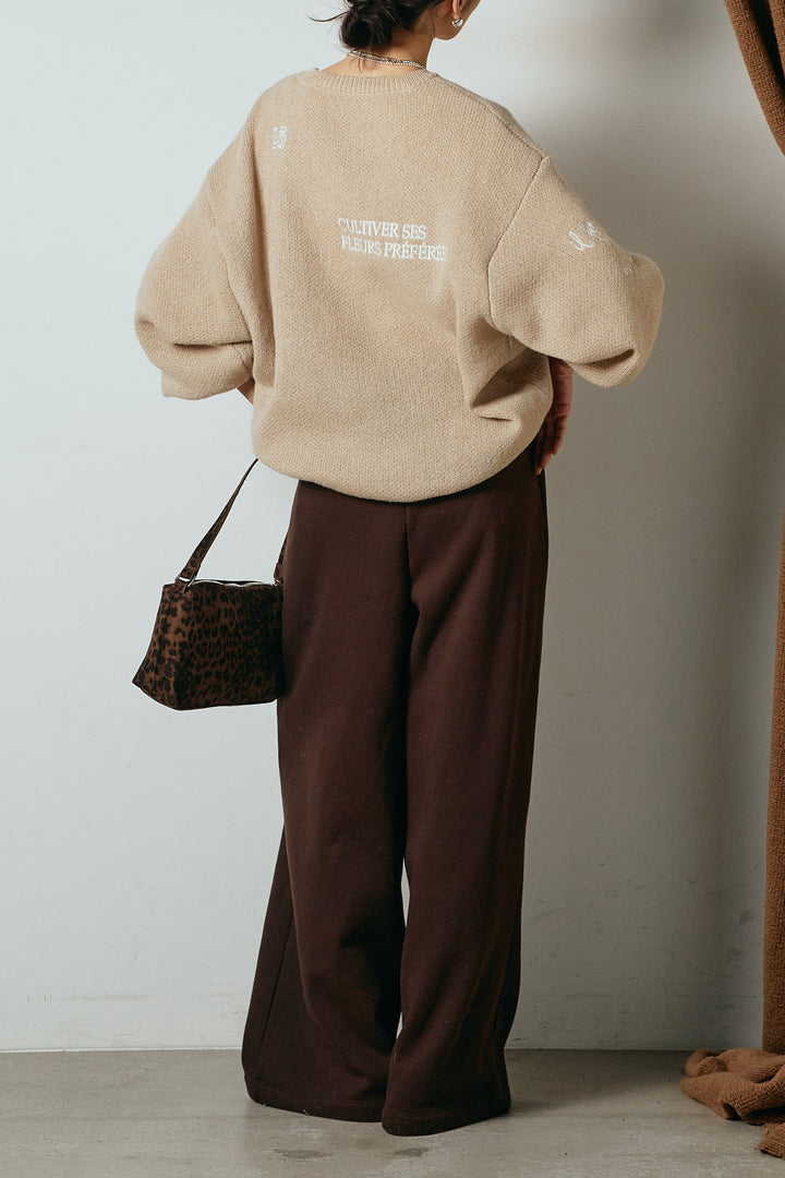 [SET]刺繍ロゴランダムデザインニットトップス+裏起毛スウェットワイドパンツ(2set)