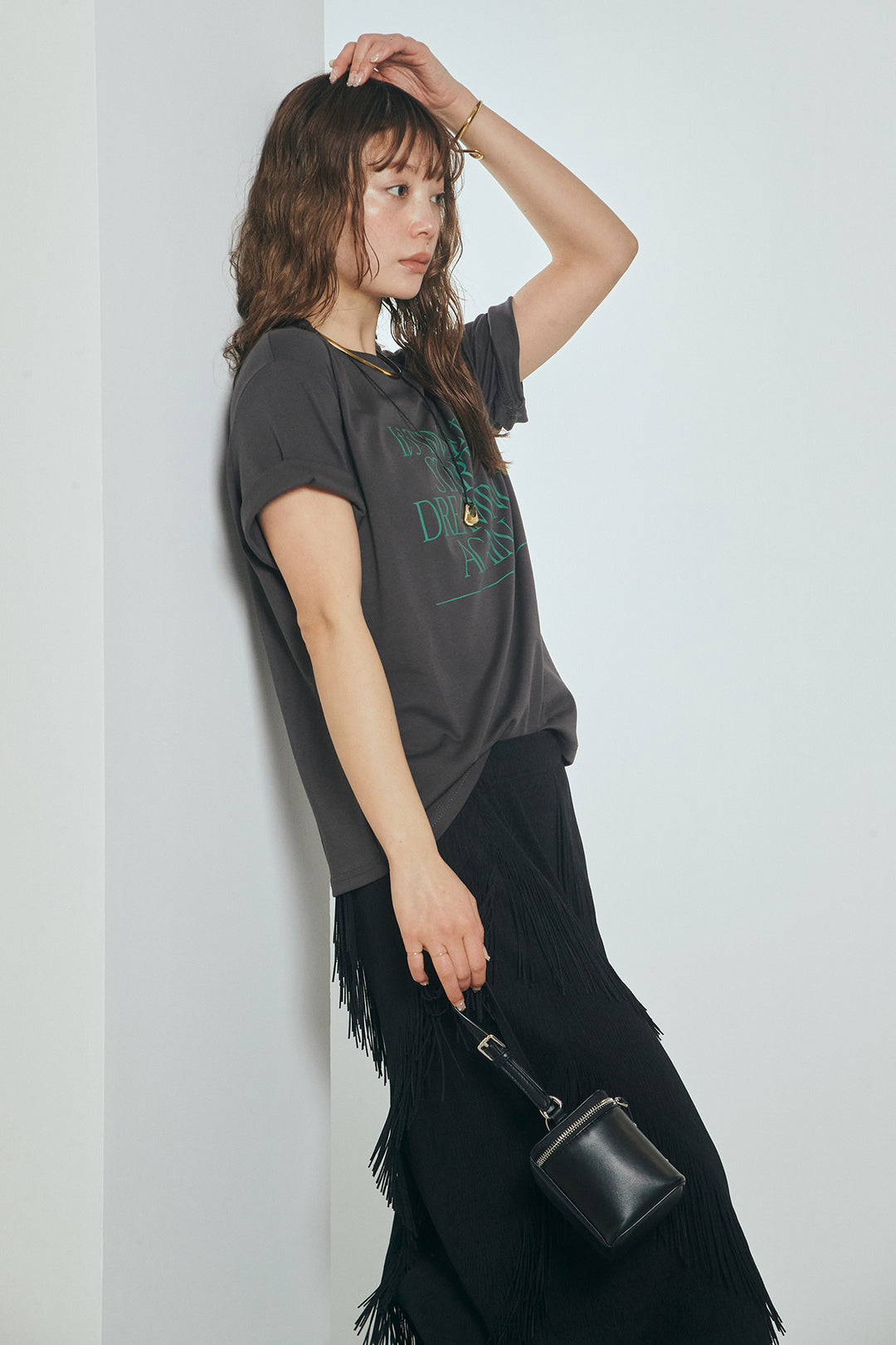 [SET]半袖TIMEロゴカットソー+斜めフリンジデザインスカート(2set)