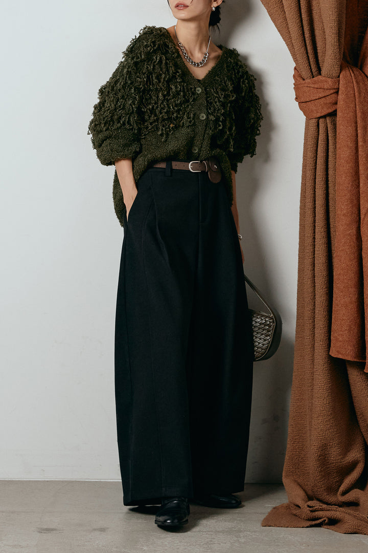 [SET]ループ編みVネックニットカーディガン+ポーチベルト付きカーブパンツ(2set)