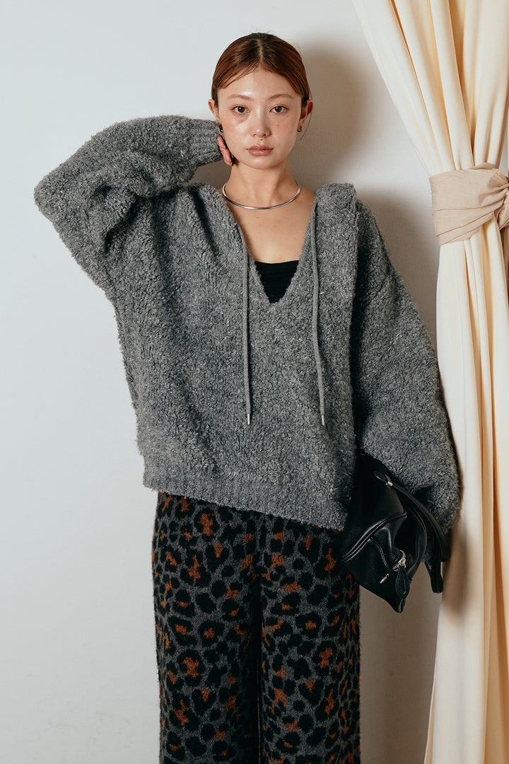 [SET]ブークレキーネックプルオーバー+リラックスレオパード柄ニットパンツ(2set)