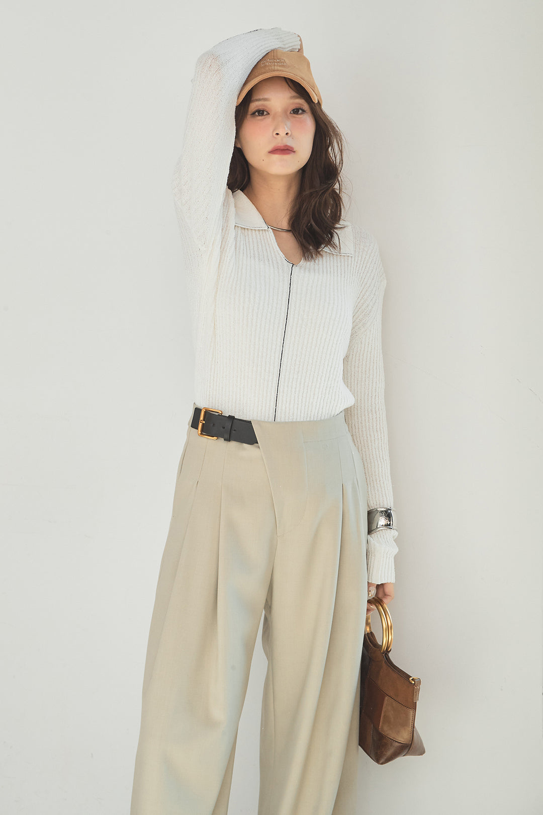 [SET]衿付きニットプルオーバー+サイドベルトタック入りスラックス(2set)