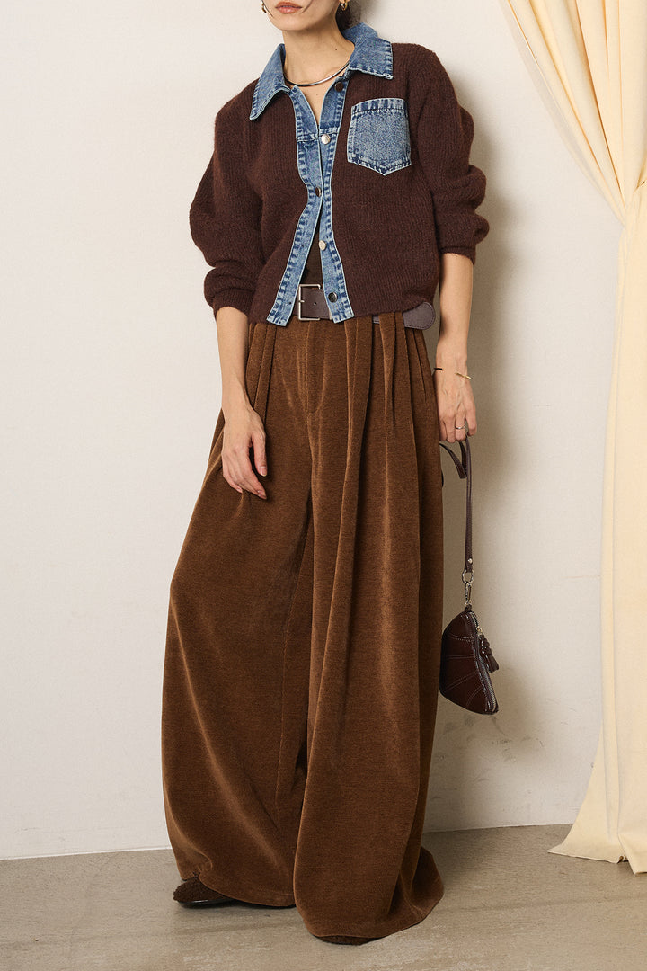 [SET]襟付きデニム切替ニットカーディガン+ベルトループコーデュロイワイドパンツ(2set)